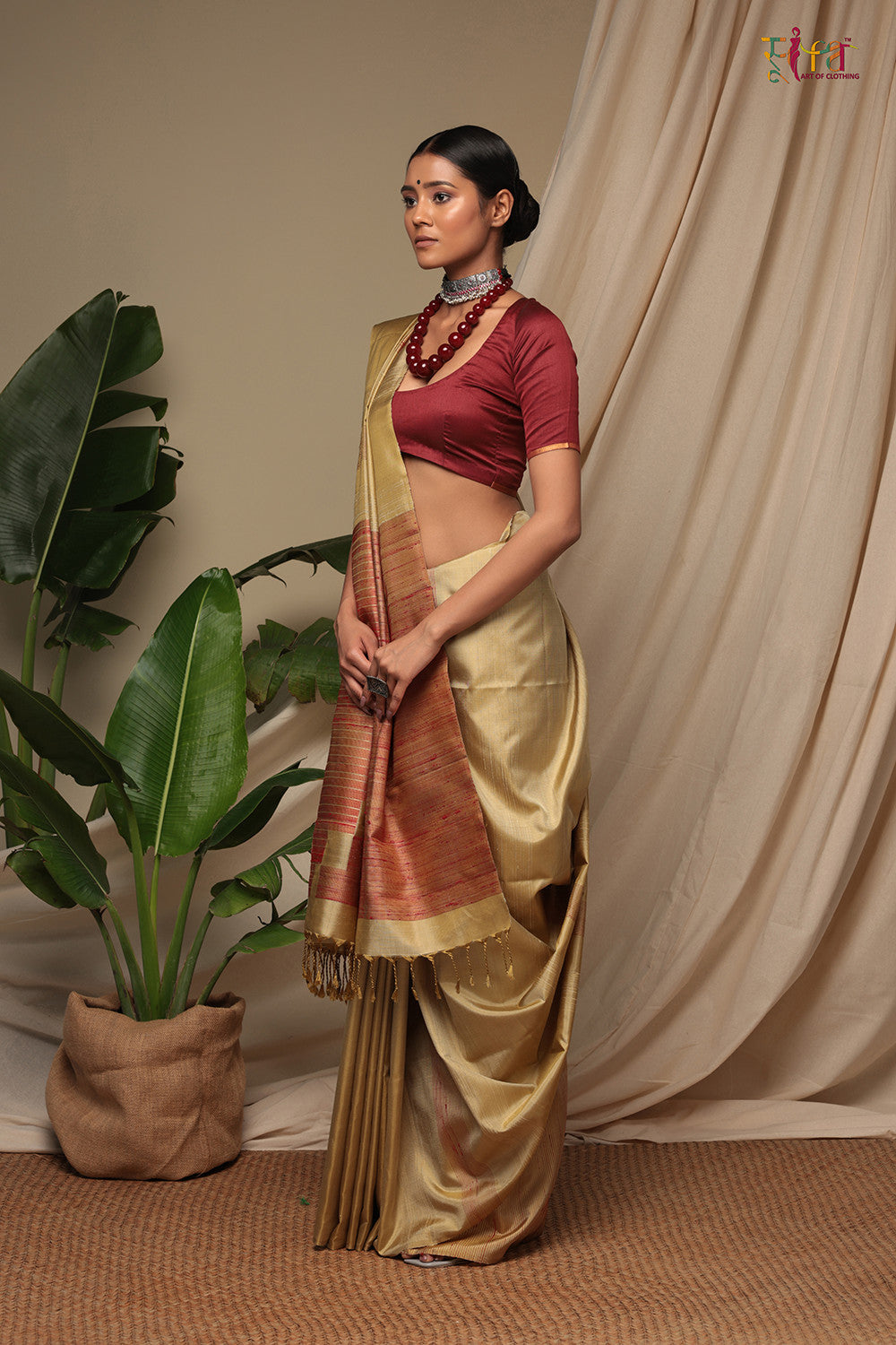 Handloom Bronze Brown Pure Silk Kanchi Contemporary Saree