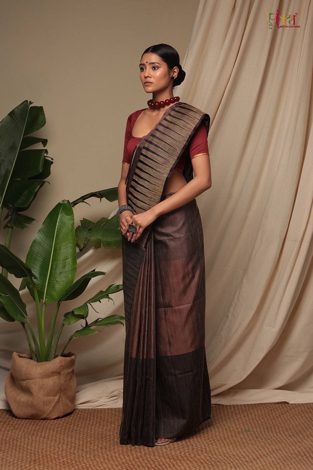 Handloom Chocolate Brown Pure Silk Kanchi Contemporary Saree