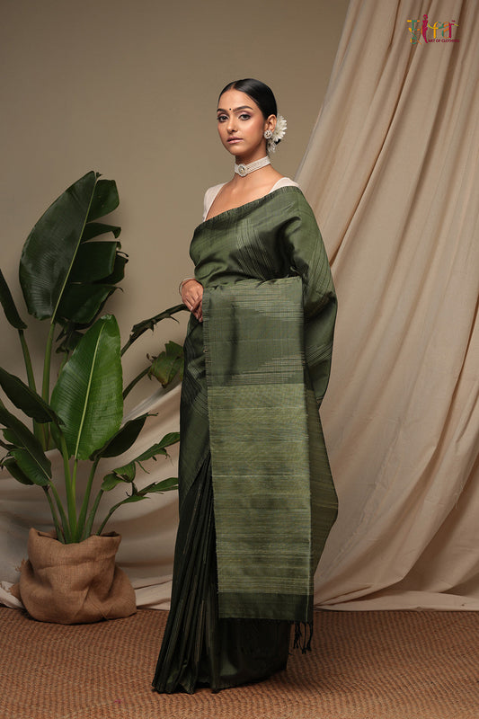 Handloom Basil Green Pure Silk Kanchi Contemporary Saree