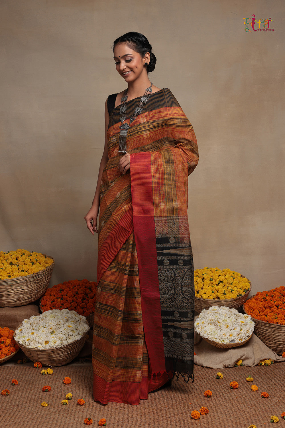 Orange And Black Pure Cotton Handloom Kanchi Saree