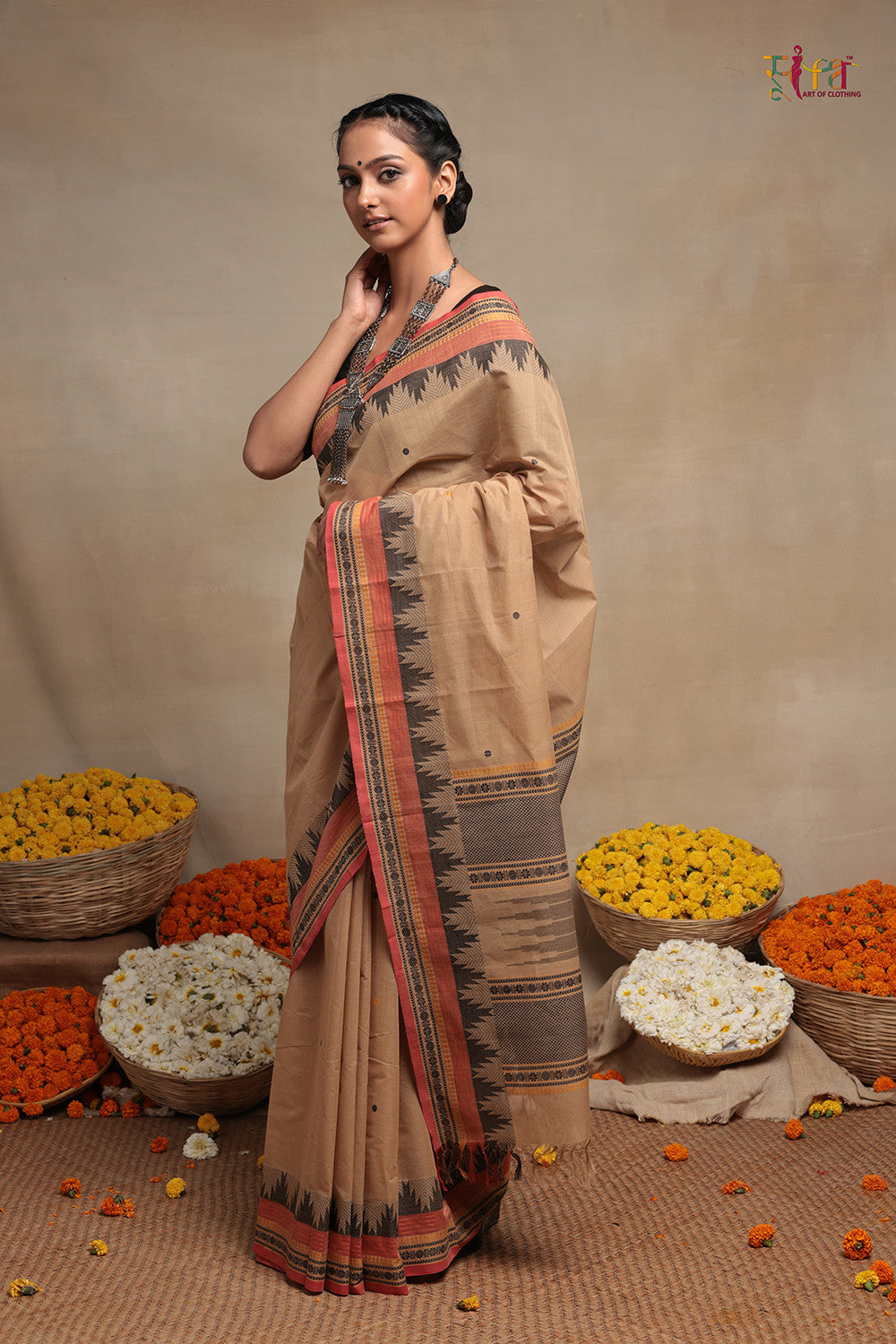 Light Brown Handloom Pure Cotton  Kanchi Saree