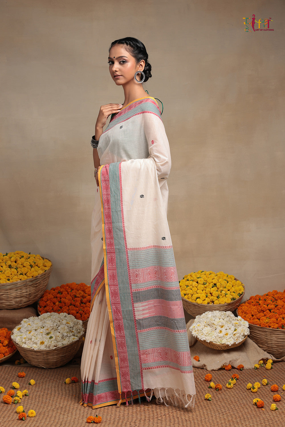 Handloom Cream Pure Cotton Kanchi Saree