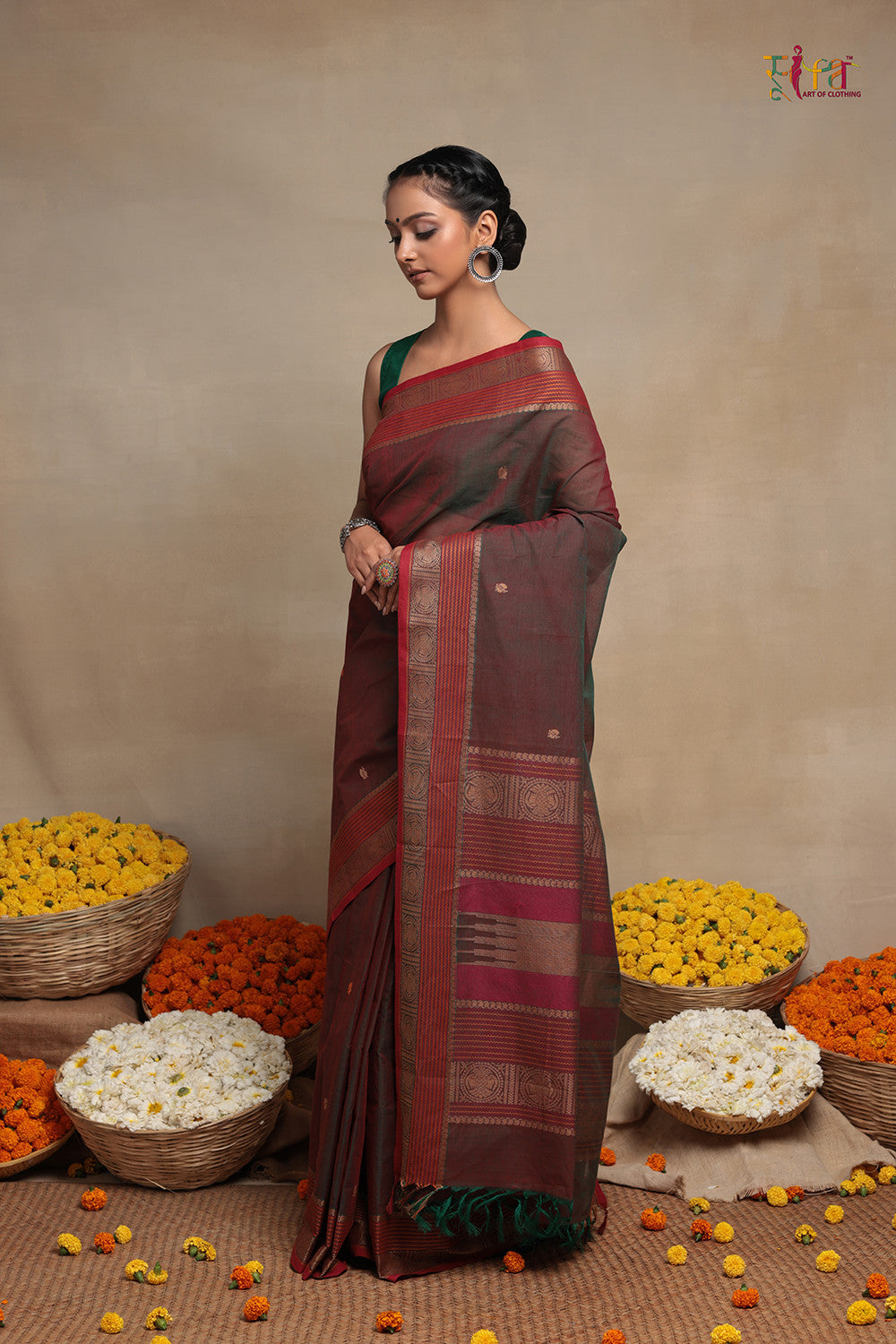 Handloom Green Brown Pure Cotton Kanchi Saree