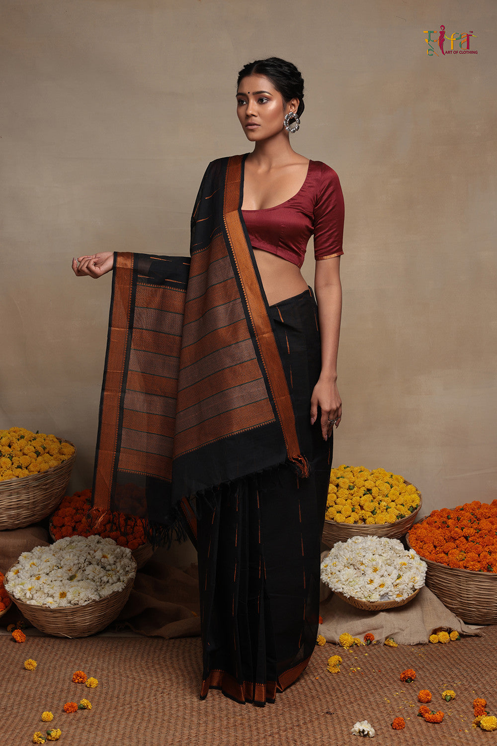 Handloom Black Pure Cotton Kanchi Contemporary Saree