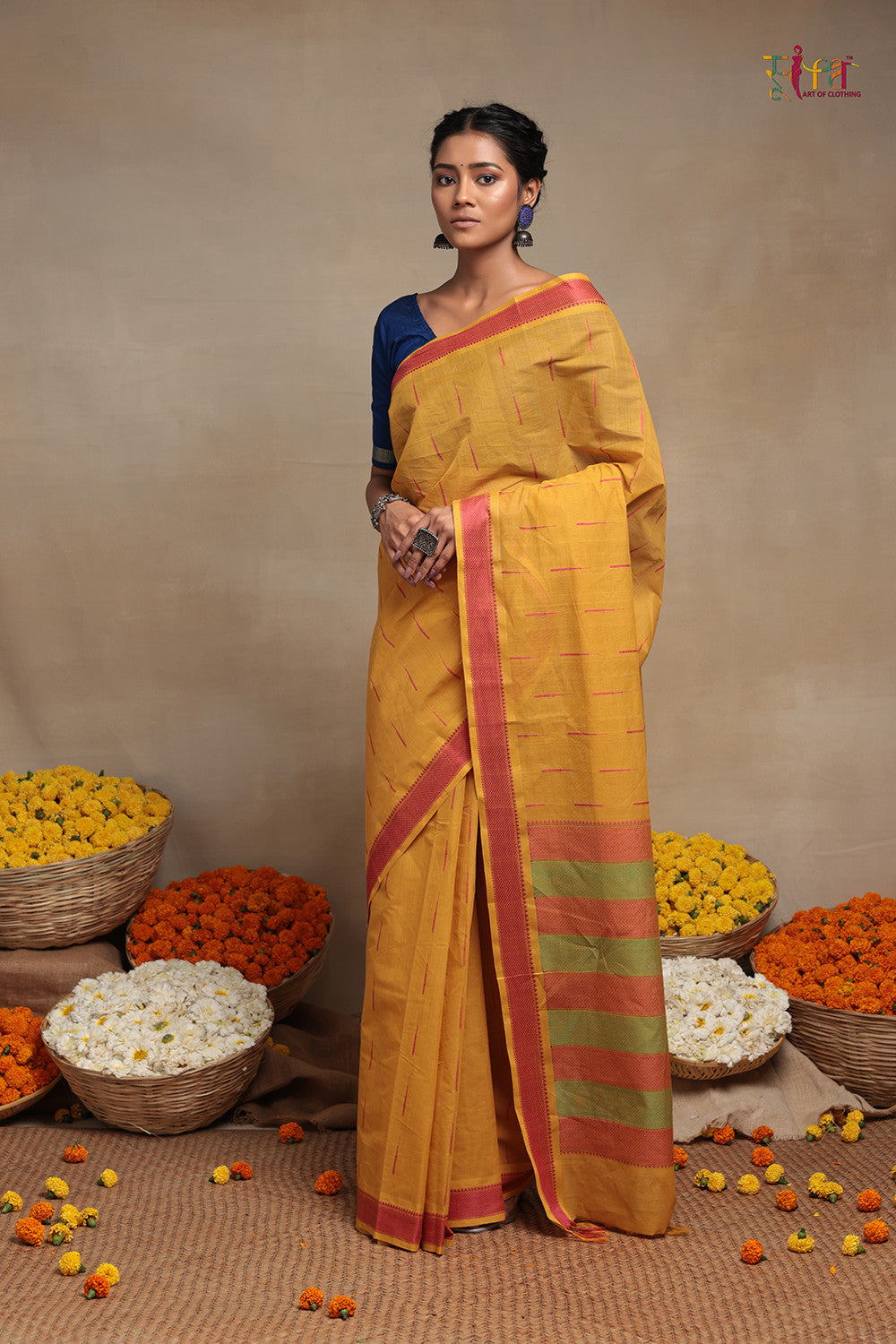 Handloom Sunglow Yellow Pure Cotton Kanchi Saree