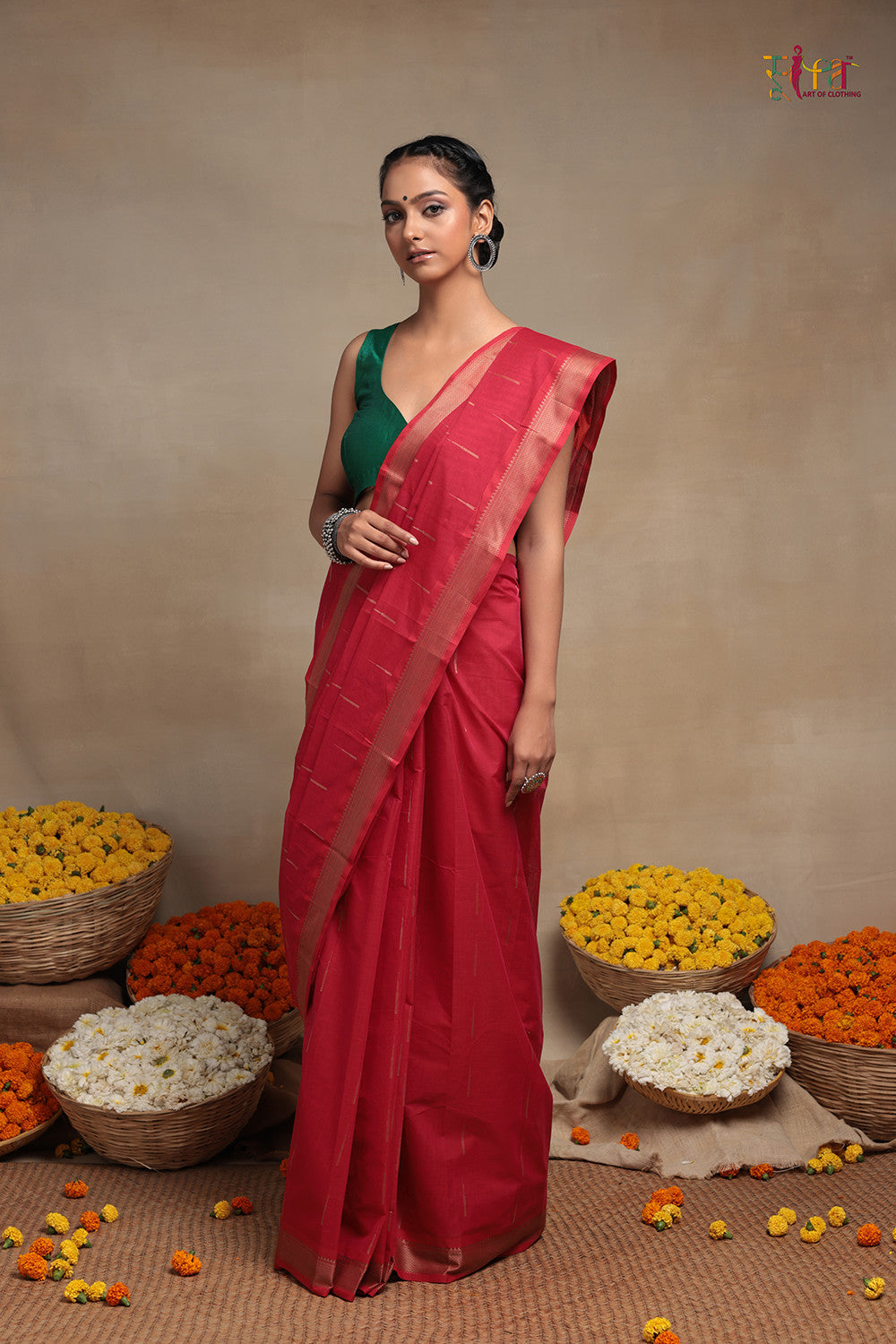 Handloom Raspberry Red Pure Cotton Kanchi Saree