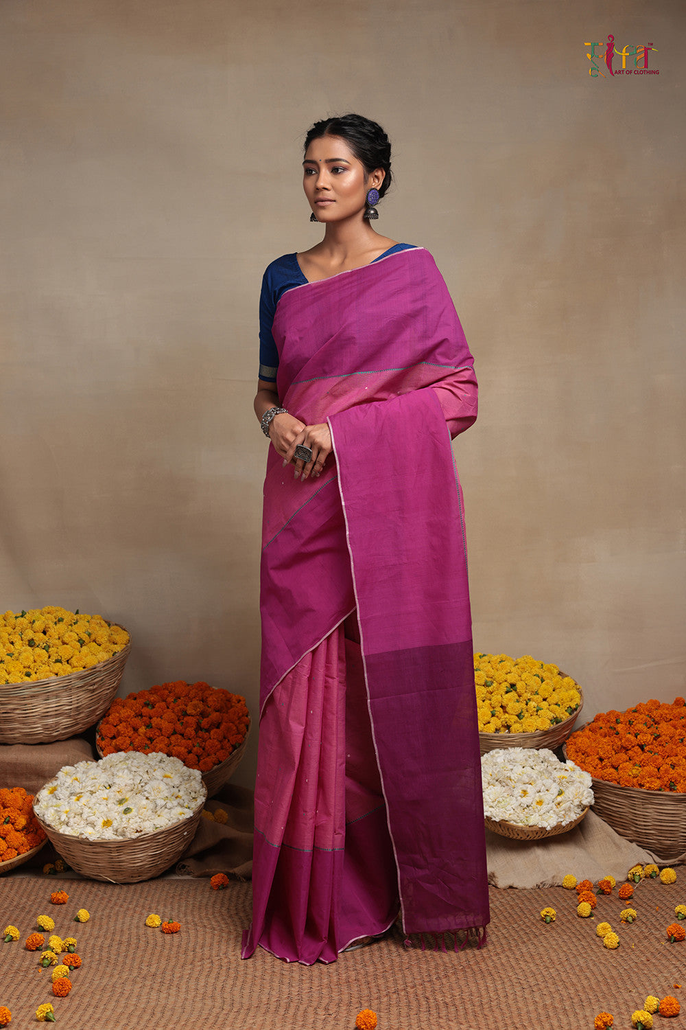 Handloom Rose Pink Pure Cotton Kanchi Saree