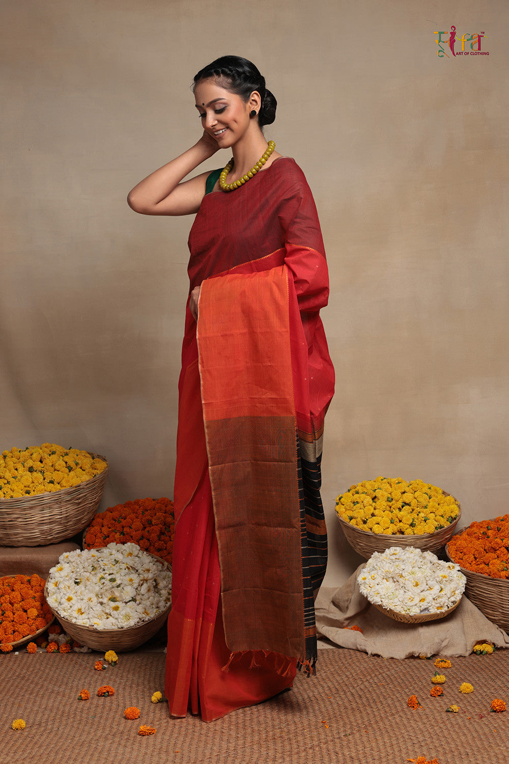 Handloom Red And Orange Pure Cotton Kanchi Saree