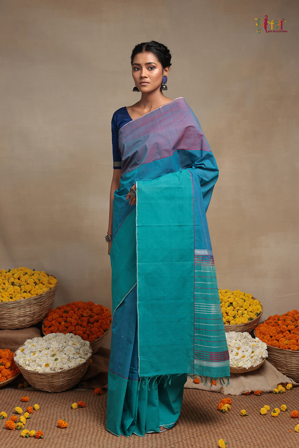 Handloom Vivid Sky Blue Pure Cotton Kanchi  Saree