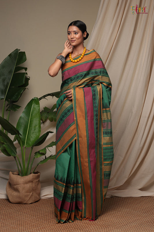 Handloom Green pure Cotton Kanchi Saree with multicolour border