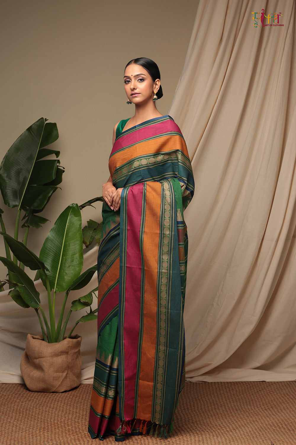 Handloom Spring Green Pure Cotton Kanchi Saree With Pink & Orange Border