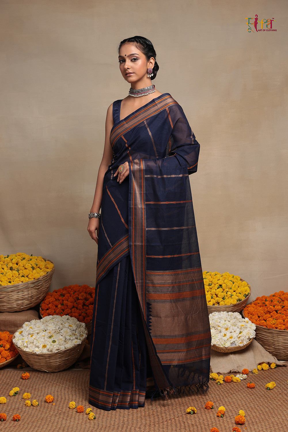 Handloom Navy Blue Kanchi Cotton Saree