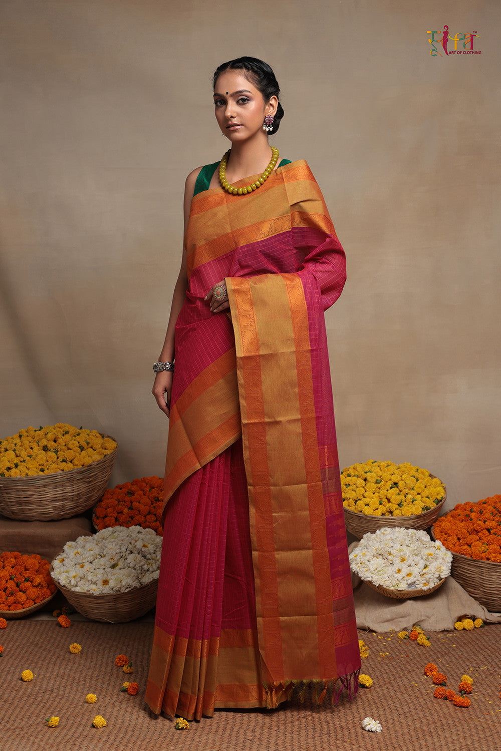 Handloom Hot Pink With Mustard Kanchi Border Pure Cotton Saree