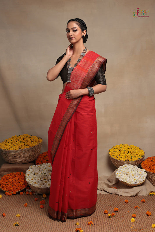 Bright orange pure cotton Kanchi saree