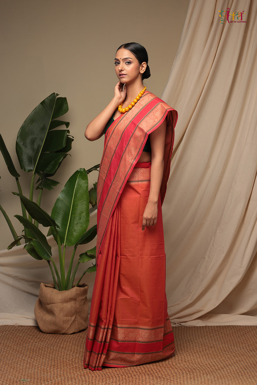 Handloom Coral Red Pure Cotton Kanchi Saree With Generous Border