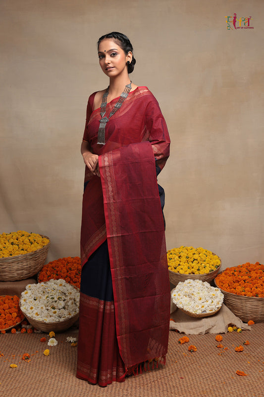 Navy Blue and Maroon Handloom Kanchi Cotton saree