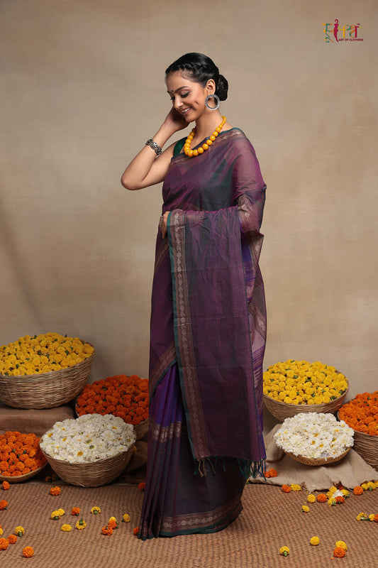 Handloom Grape Purple Pure Cotton Kanchi Saree