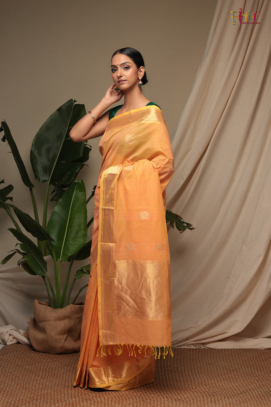 Handloom Amber Orange Pure Cotton Kanchi Saree With Zari Border And Motifs