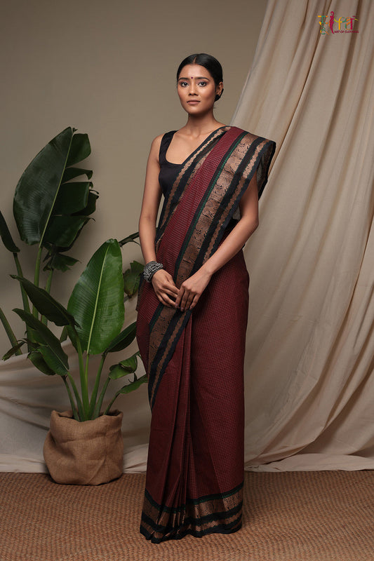 Handloom Rosewood Pure Cotton Kanchi saree