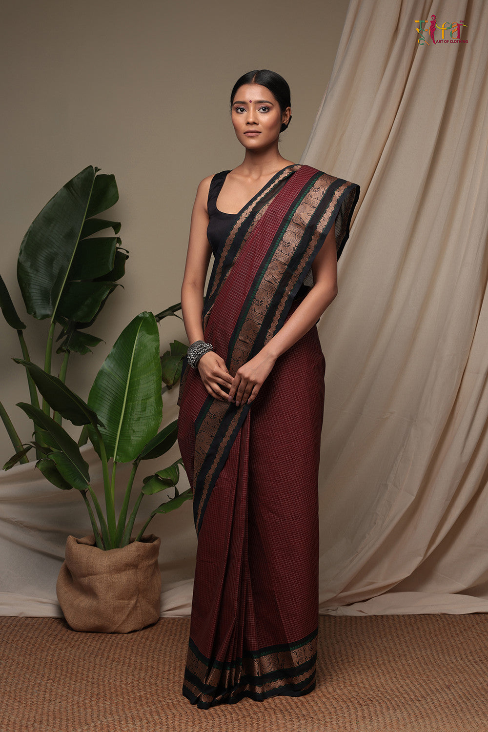 Handloom Rosewood Pure Cotton Kanchi Saree