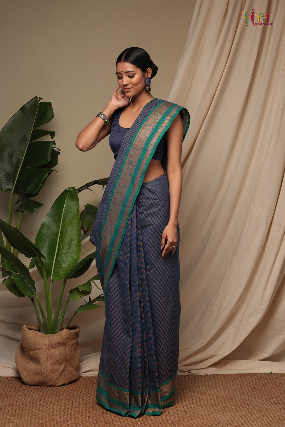 Marine Blue Pure Cotton handloom Kanchi Saree with generous border