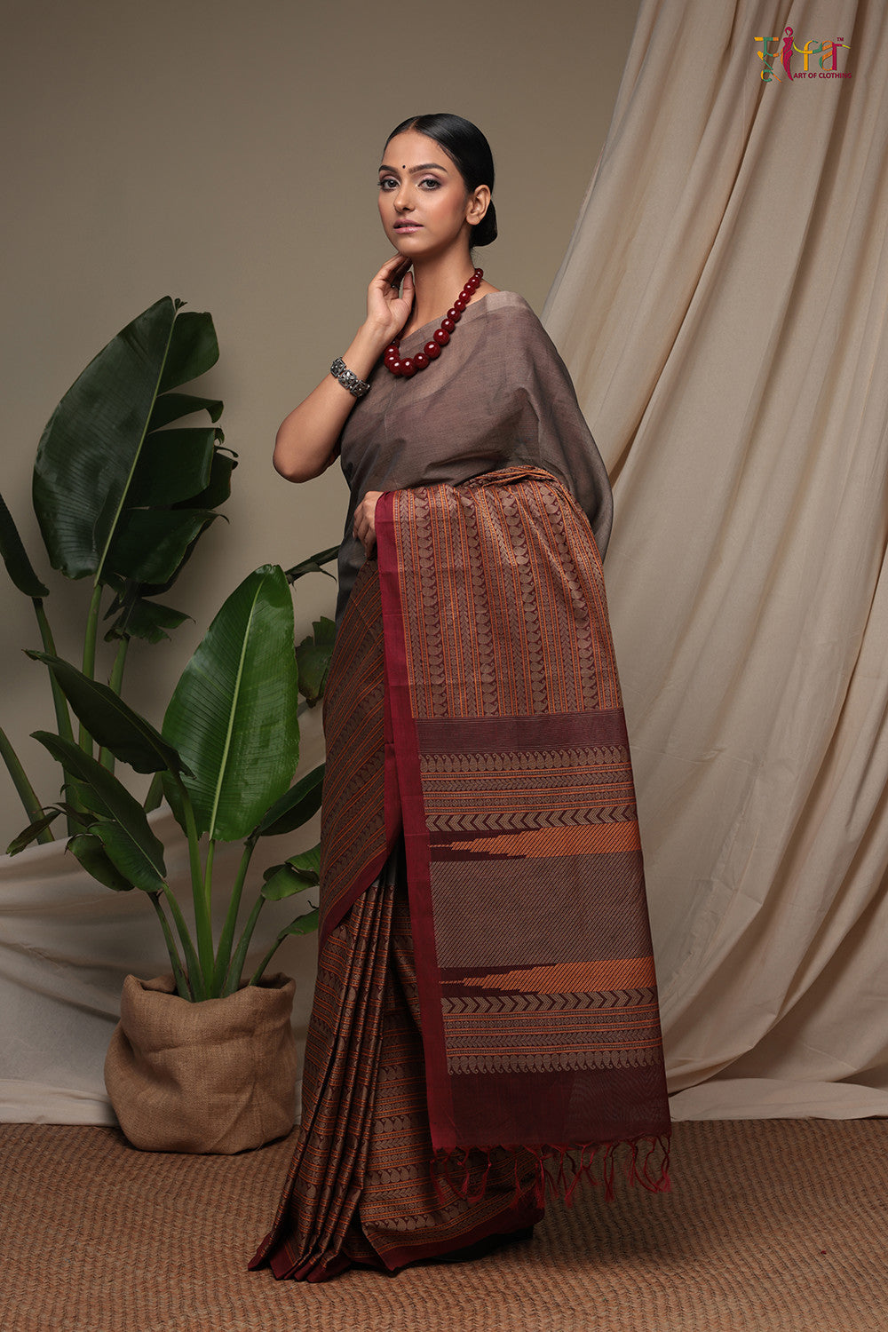 Handloom Smoke Grey & Maroon Pure Cotton Kanchi Saree