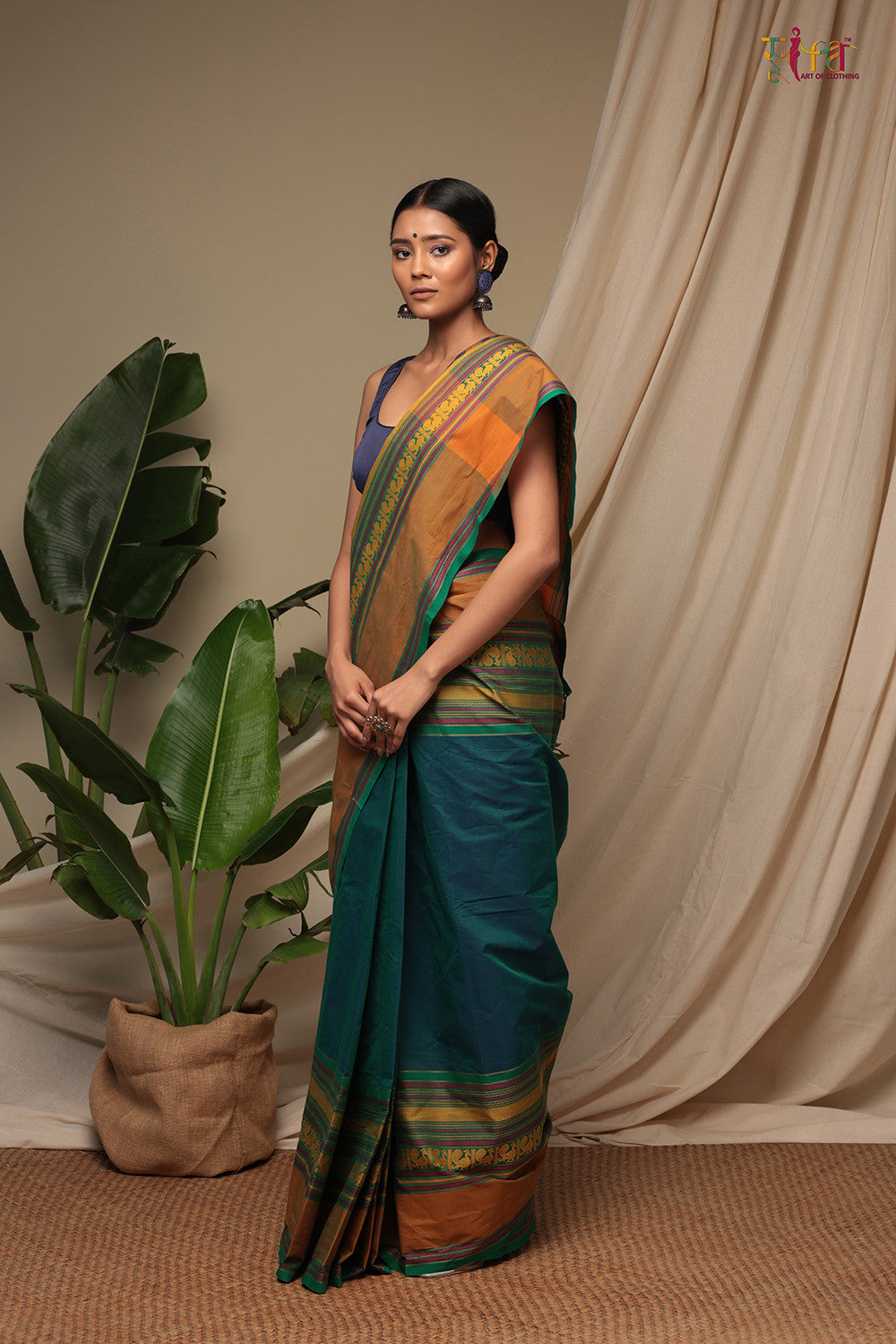 Handloom Blue Green Pure Cotton Kanchi Saree With Generous Border