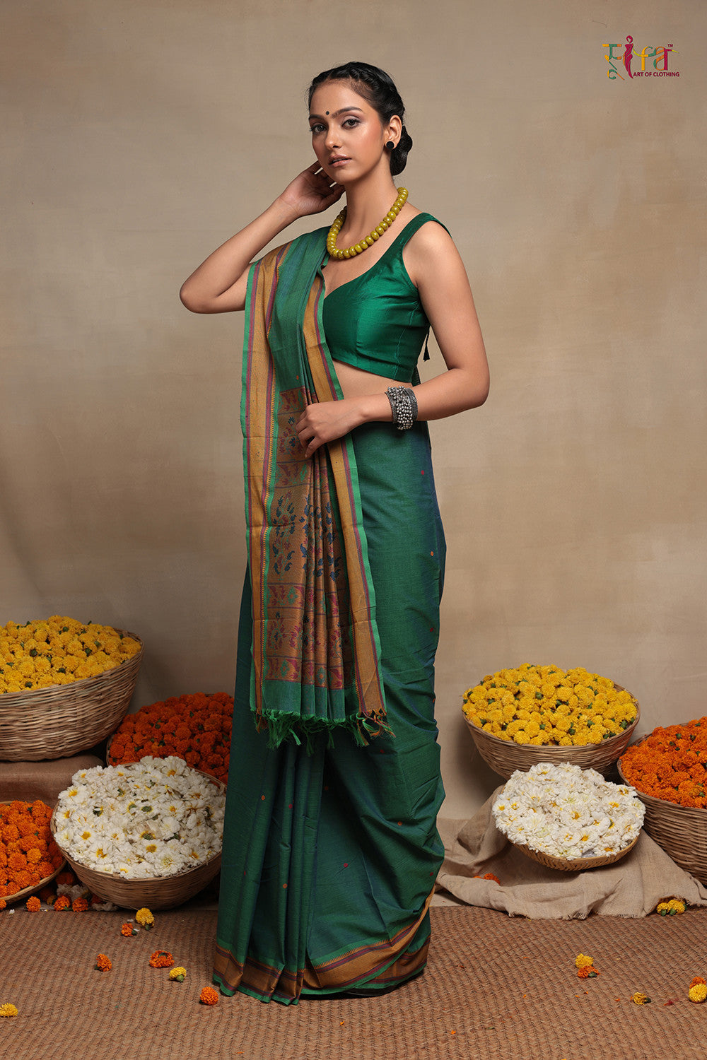 Leaf Green Handloom Pure Cotton Kanchi Saree