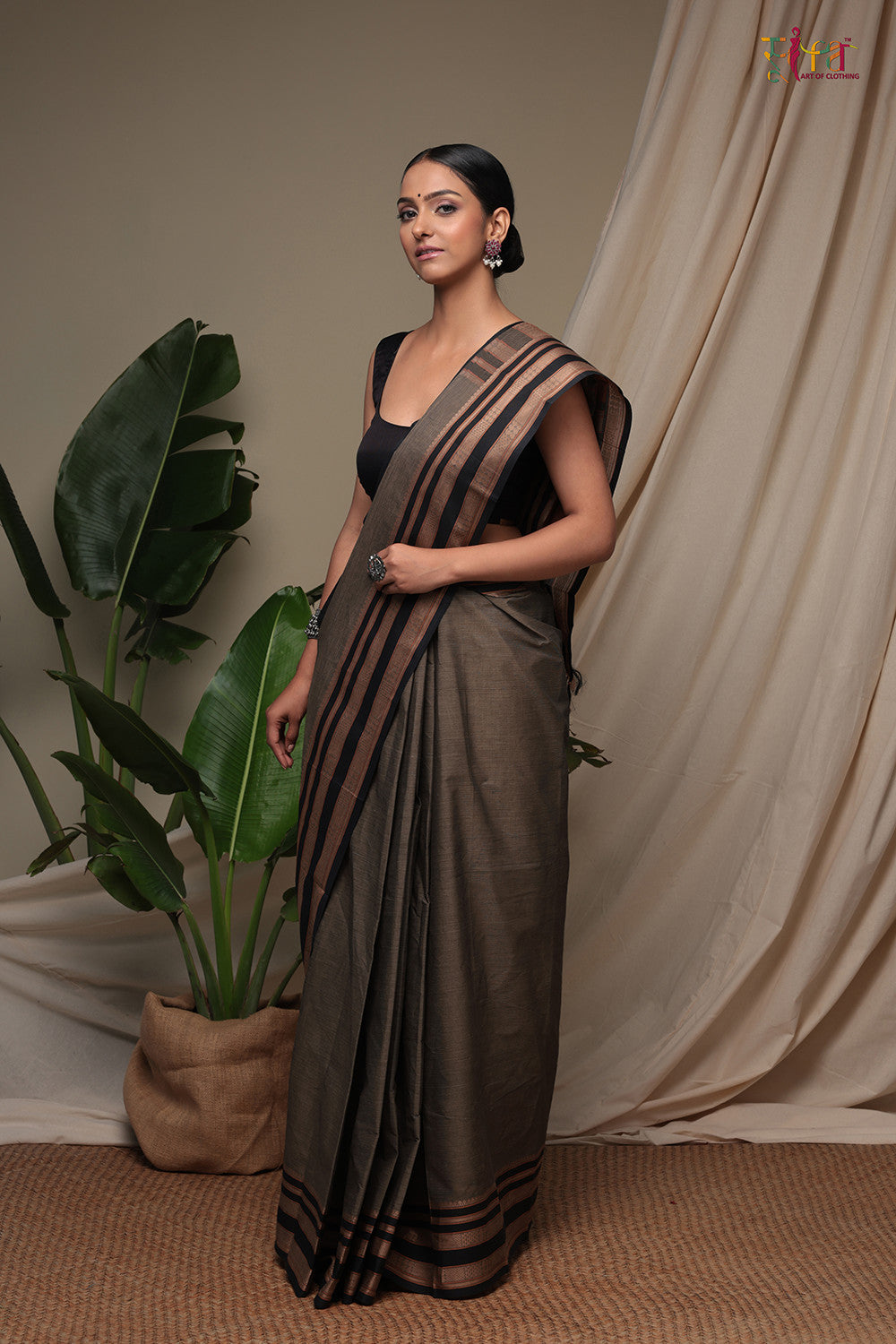 Handloom Mocha Brown Pure Cotton Kanchi Saree