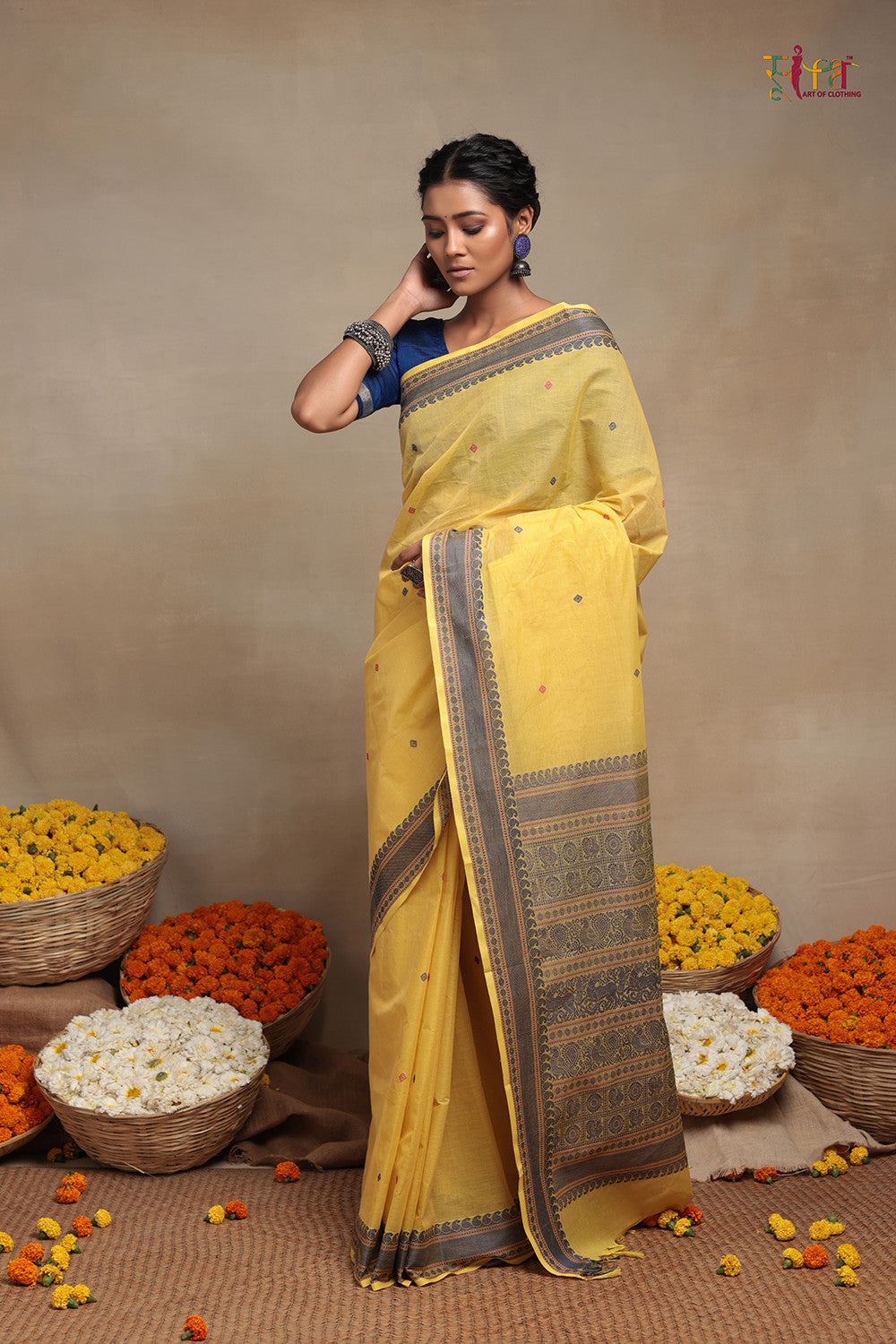 Handloom Daffodil Yellow Pure Cotton Kanchi Saree