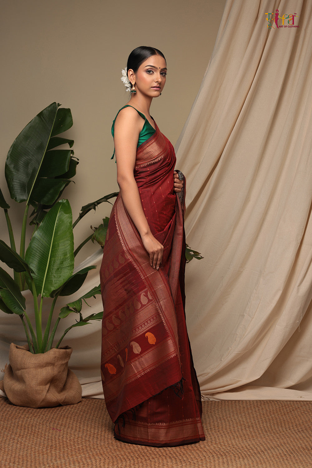 Handloom Maroon Pure Cotton Kanchi Saree