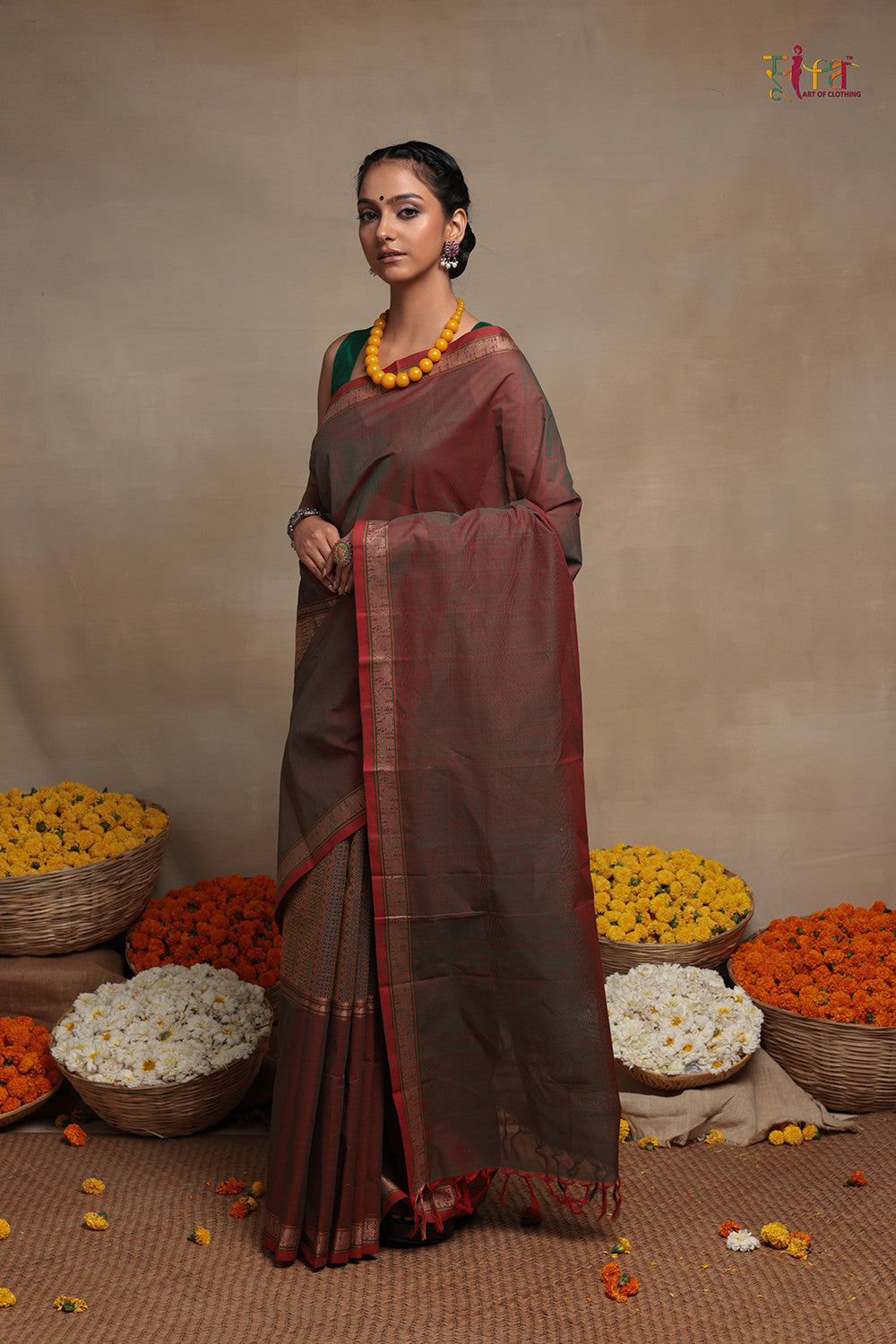 Handloom Red Brown Pure Cotton Kanchi Saree