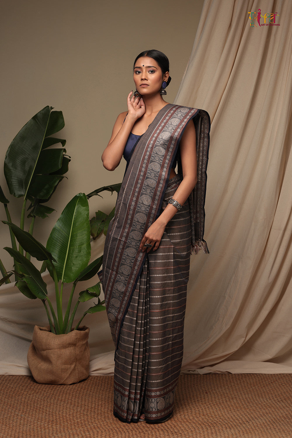 Handloom Ash Grey Pure Cotton Kanchi Saree