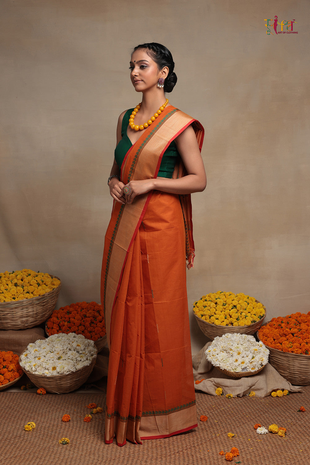 Handloom Orange Pure Cotton Kanchi  Saree