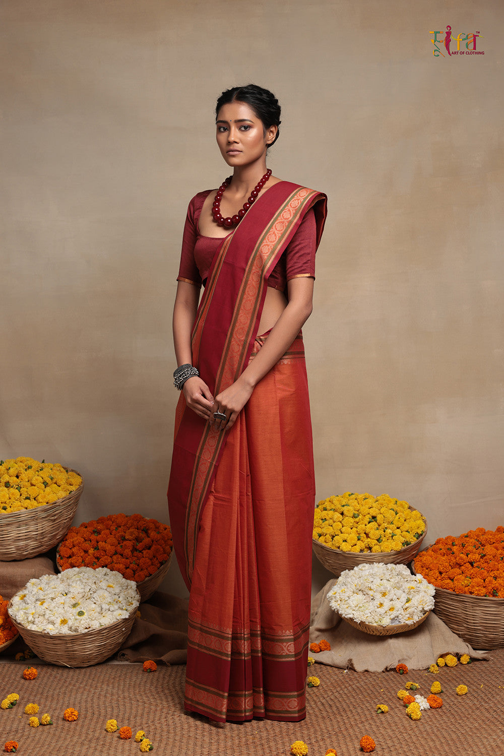 Handloom Neon Orange Kanchi Cotton Saree