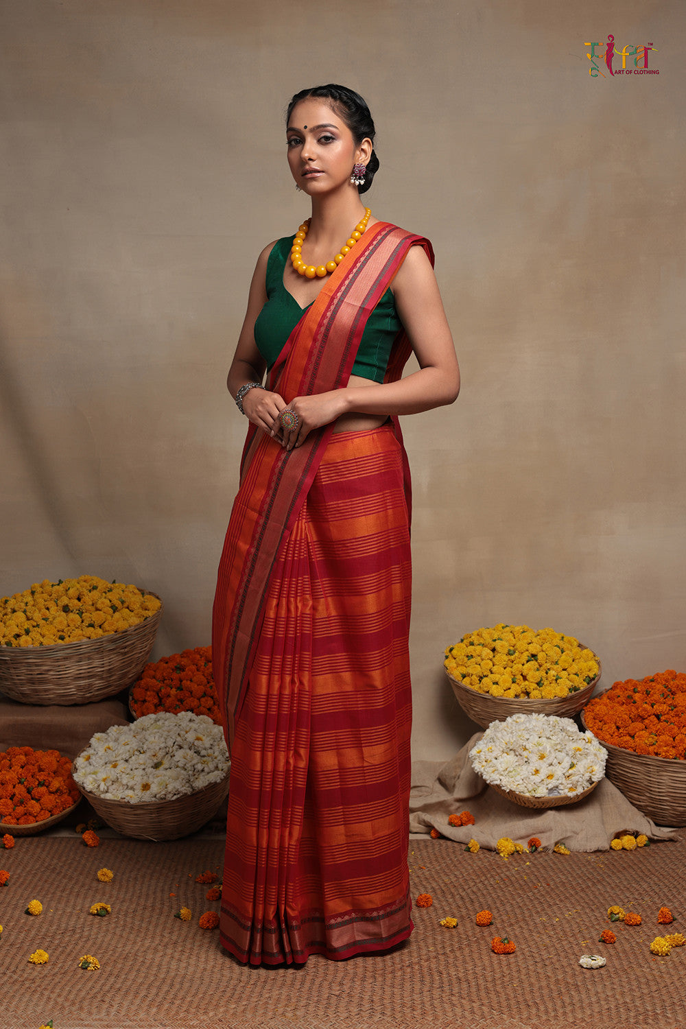 Handloom Orange & Red Pure Cotton Kanchi Saree