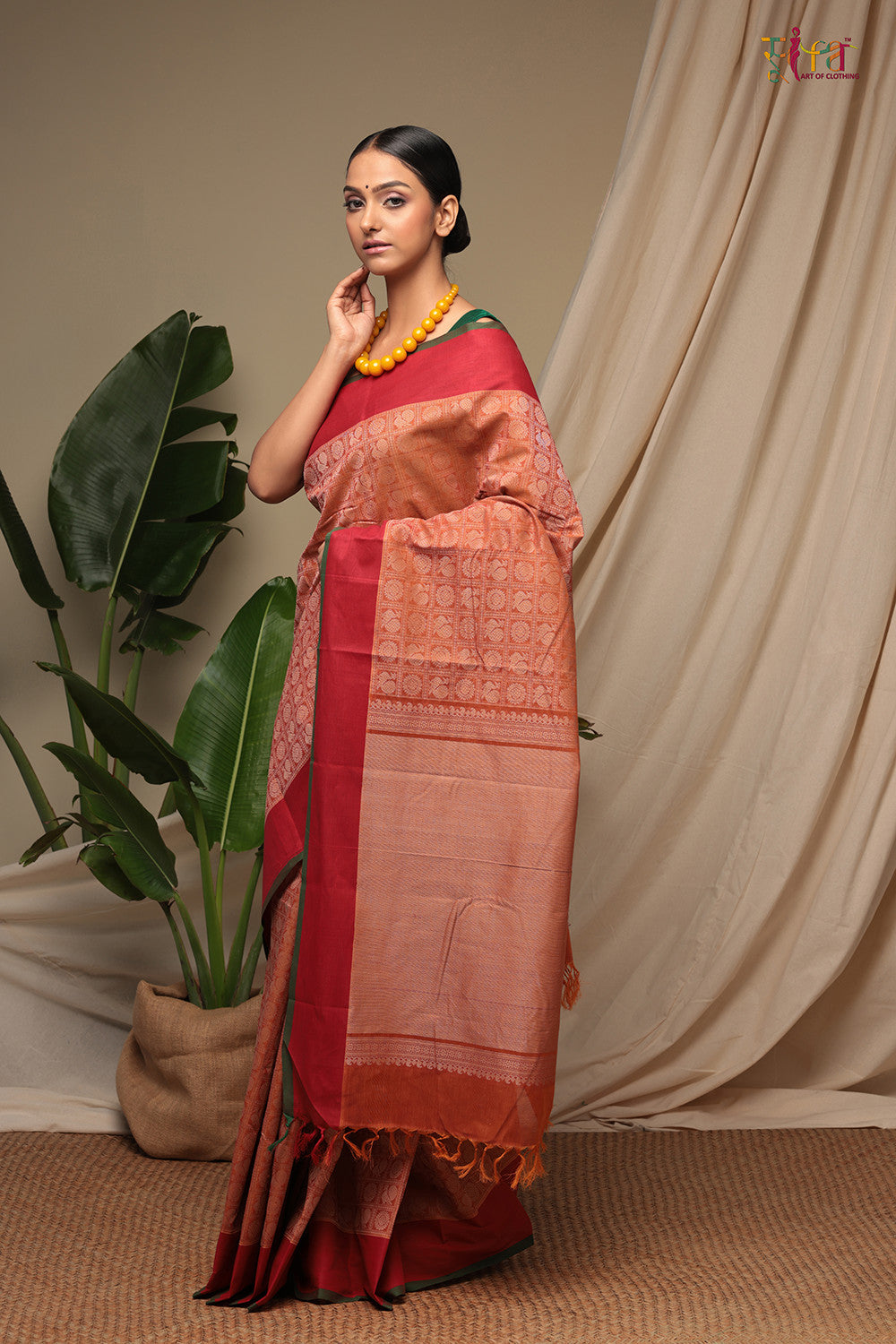 Handloom Light Coral Red Pure Cotton Kanchi Saree