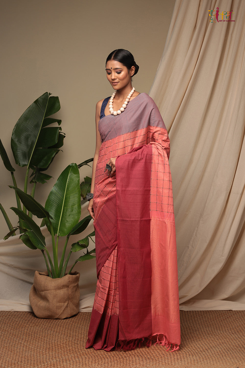 Handloom Salmon Pink Pure Cotton Kanchi Contemporary Saree