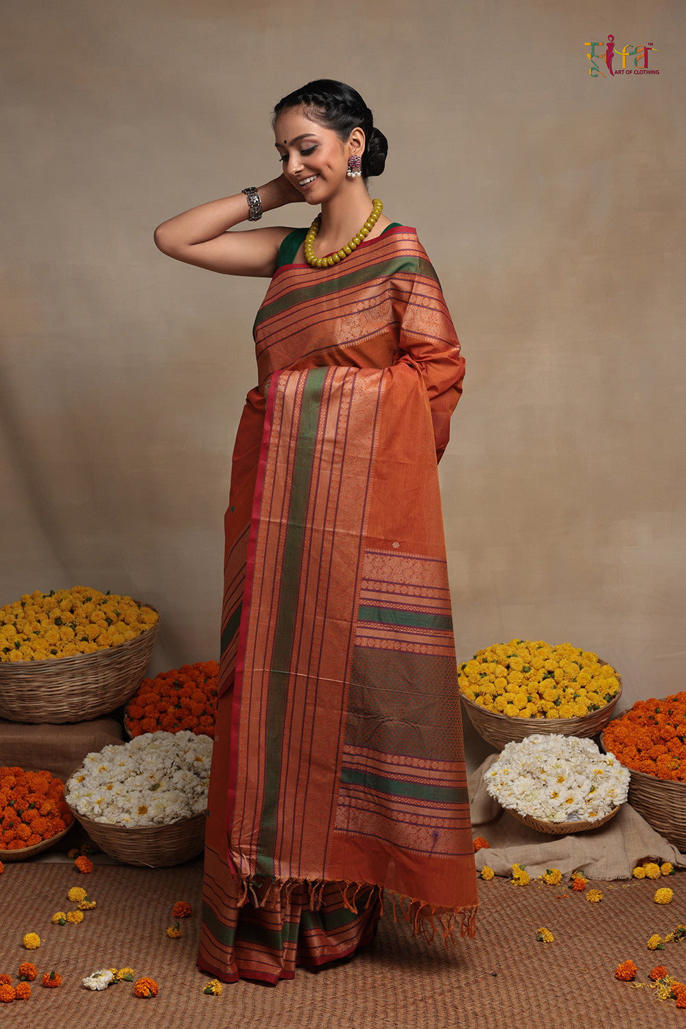 Handloom Bright Orange Kanchi Cotton Saree