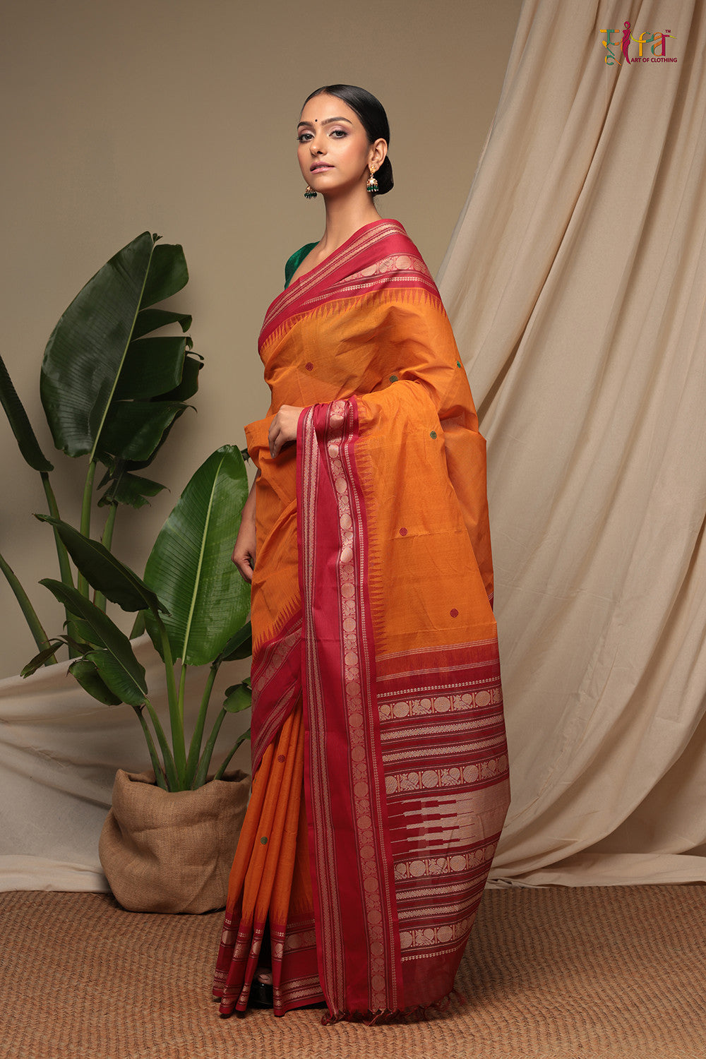 Handloom Metallic Orange Pure Cotton Kanchi Saree