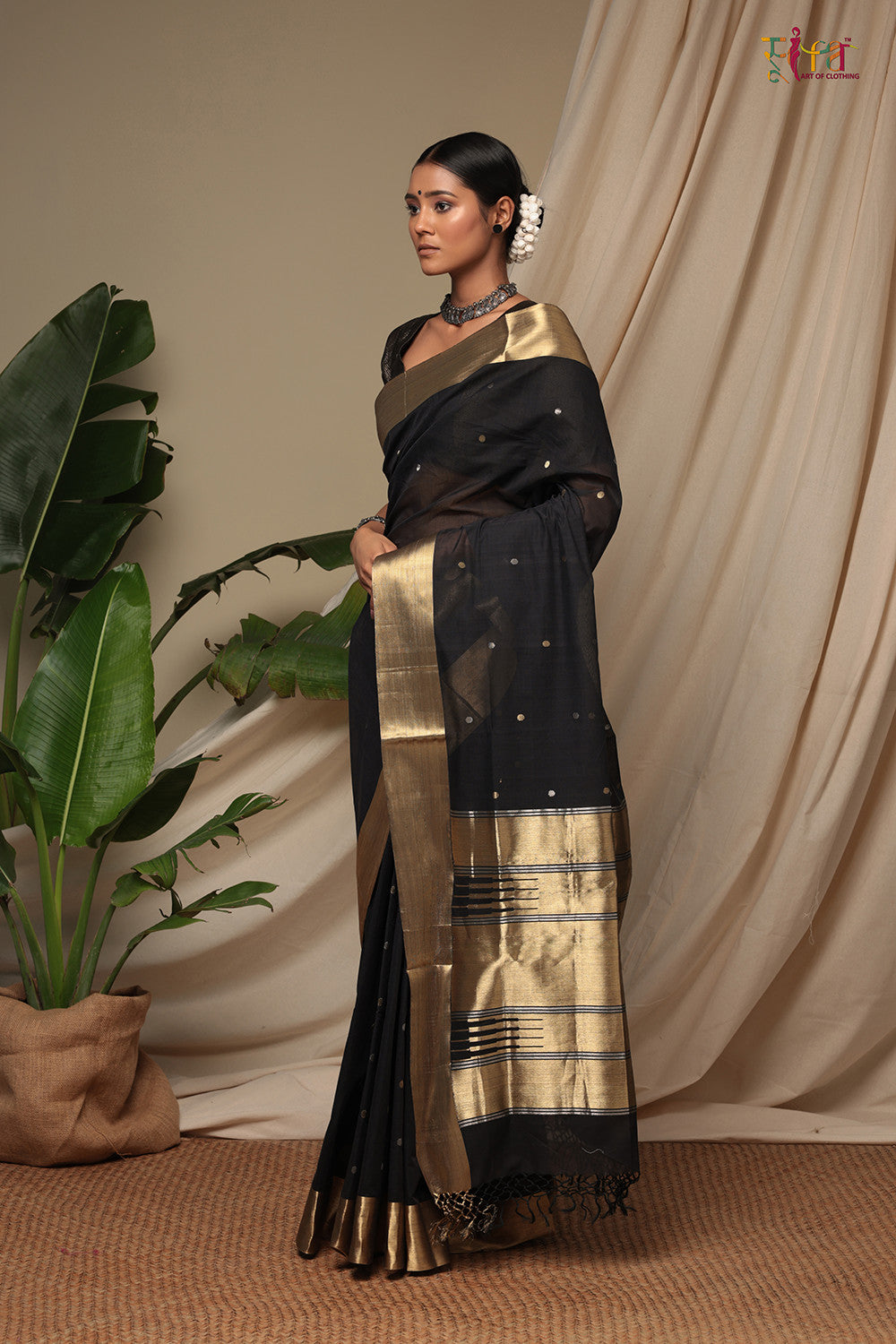 Handloom Ink Black Pure Cotton Kanchi Contemporary Saree With Golden Zari Motifs & Border