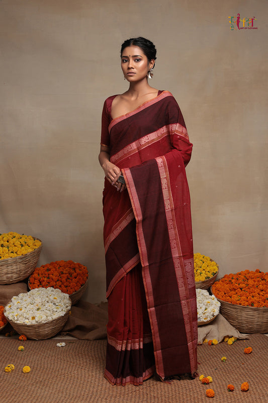 Handloom Mahogany Red Pure Cotton Kanchi Saree