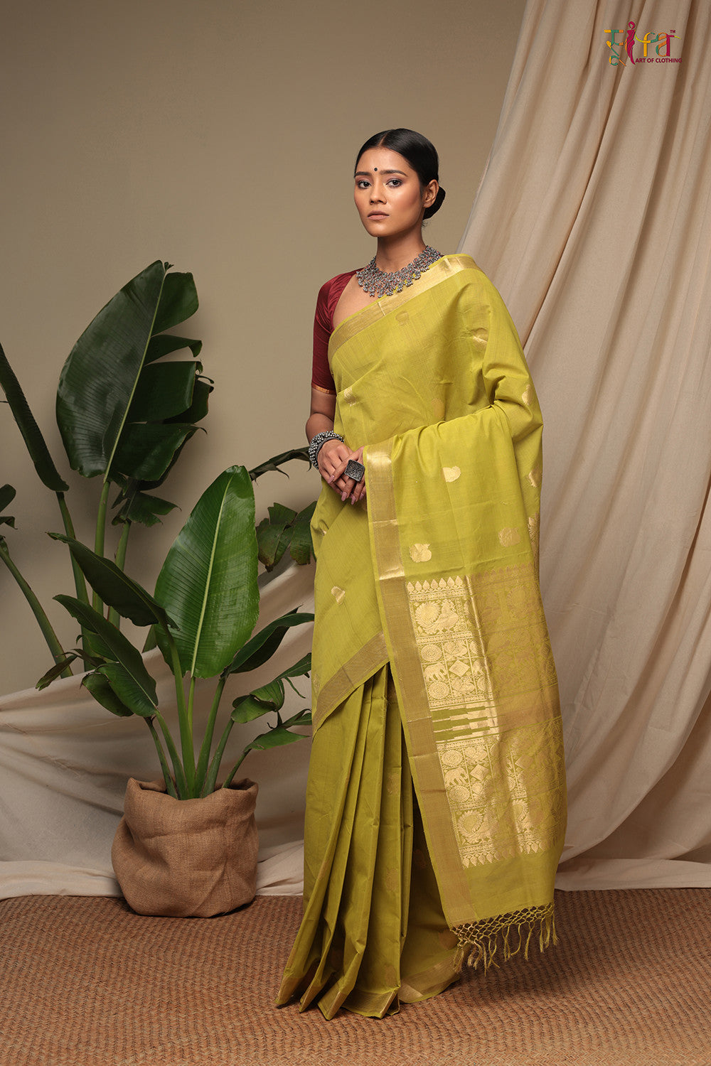 Handloom Lime Green Pure Cotton Kanchi Saree With Zari Border And Motifs