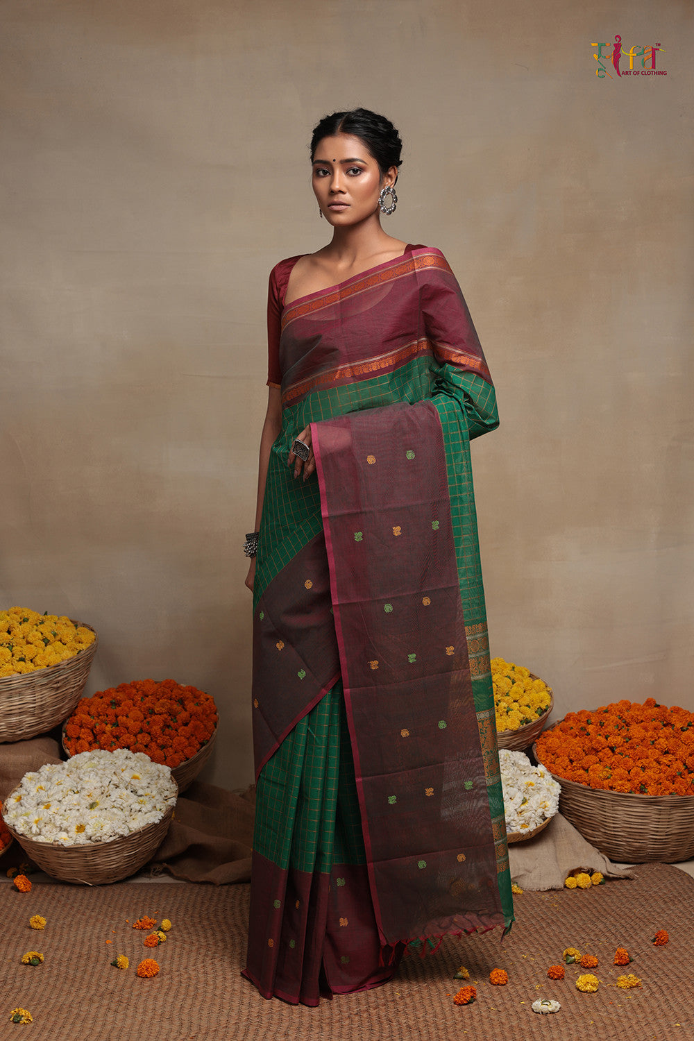 Handloom Green And Brown Pure Cotton Kanchi Saree