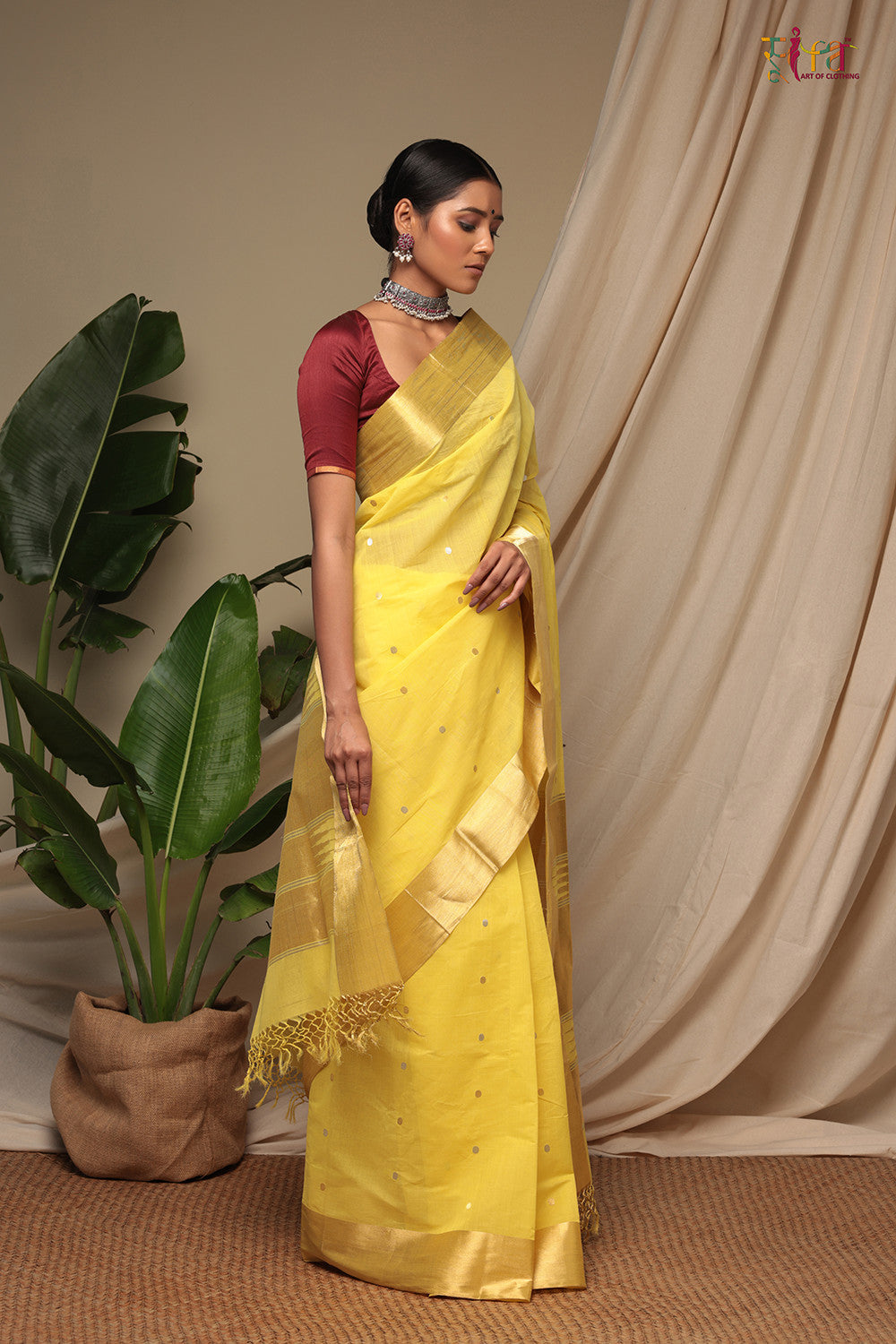 Handloom Yellow Pure Cotton Kanchi  Contemporary Saree With Golden Zari Motifs & Border