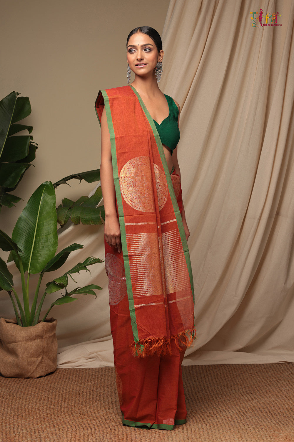 Handloom Marmalade Orange Pure Cotton Kanchi Saree With Gold Zari Motifs & Pallu