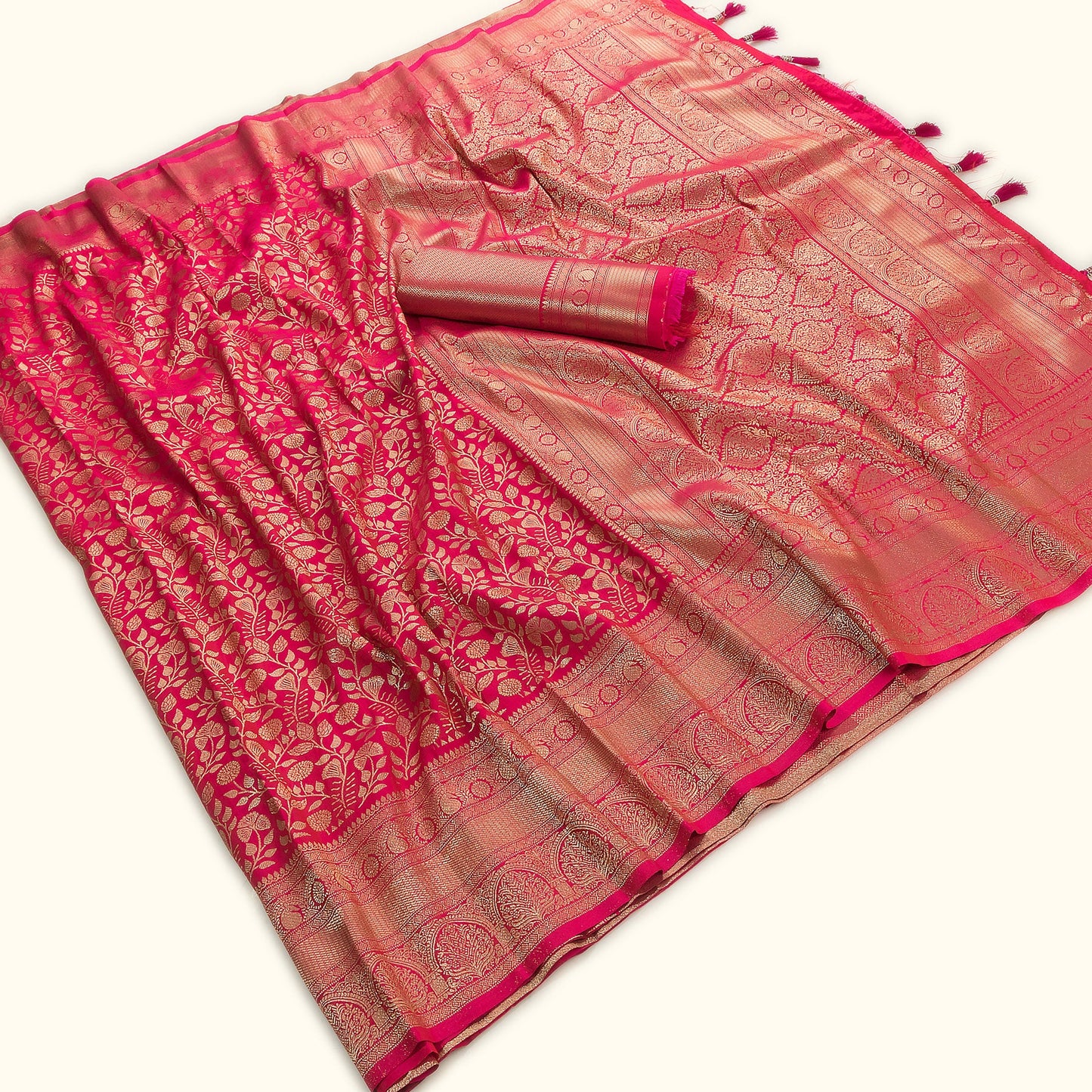 Classic Kanjeevaram-Inspired Rani Pink Silk Saree