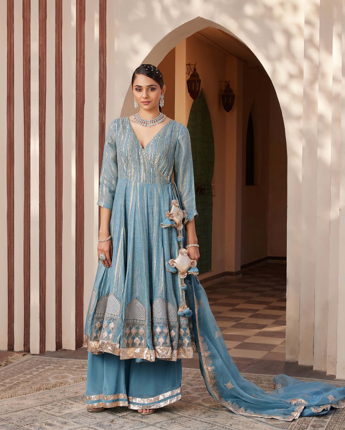 Mughal Grey Georgette Embroidered Engagement Anarkali set