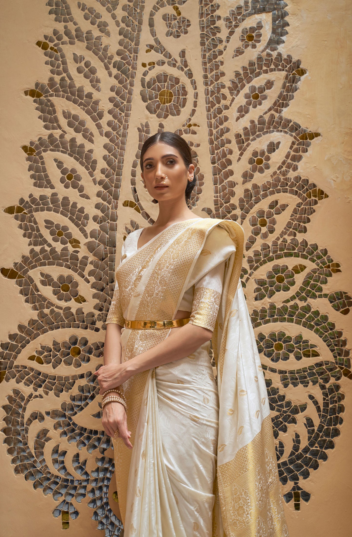 White Kalandi Kanjivaram Silk Saree