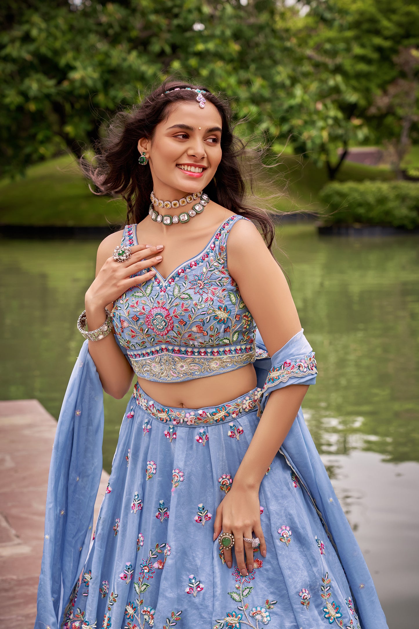 Turquoise Blue Organza Sequins & Mirror work Bridesmaid Lehenga set